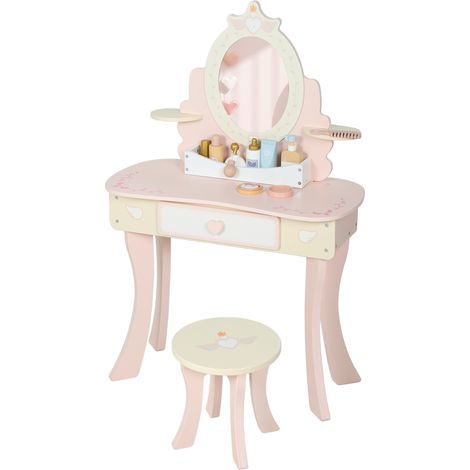 AIYAPLAY Set Tavolo Trucco con Specchio e Sgabello per Bambini e Accessori Rosa (1/5)