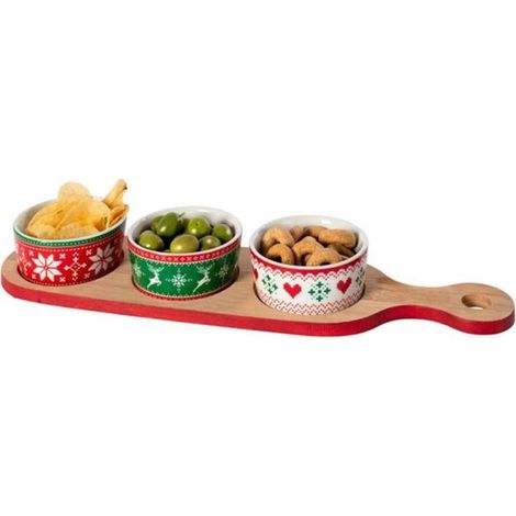 TrAdE Shop Traesio - Antipastiera Natalizia 3 Coppette Con Tagliere Base In Bamboo Aperitivo Tavola Cucina - (1/2)
