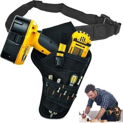 Sac porte-outils avec ceinture ajustable – 28 x 15.5 x 5 cm – Pour perceuse électrique – Poches pour forets et vis – Couleur jaune (1/4)