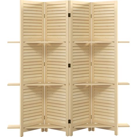 Paravent d'intérieur 4 volets 160L x 170H cm avec 3 étagères escamotables, séparateur de pièce à persiennes, bois naturel (1/5)