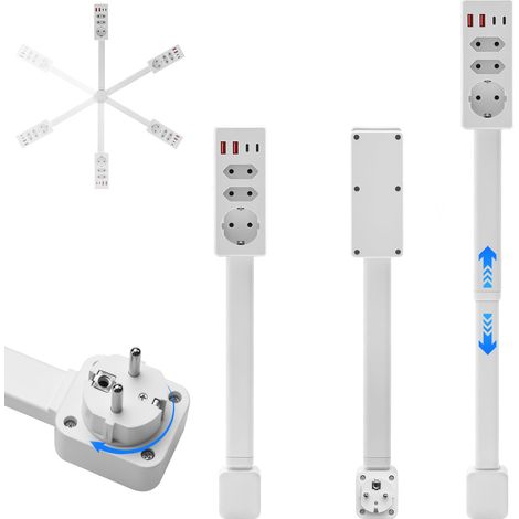 Rallonge de Prise Extensible rectangulaire (45-70 cm), multiprise pivotante, 1 USB A, 1 USB C et 3 Prises, Rotatif à 360° (1/5)
