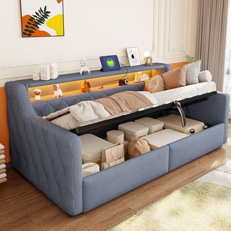 Lit de jour 90x200cm- lit coffre avec hydraulique, Canapé-lit 1 place - bande LED, ports USB et Type-C, suspendu - lin+MDF - gris (1/5)