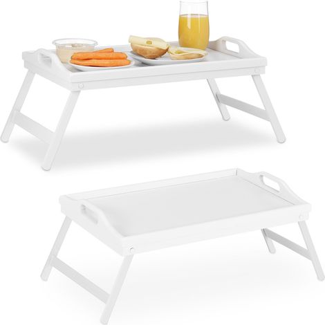 2 x Betttablett Bambus, klappbar, mit Griffen, erhöhter Rand, zum Frühstücken & Servieren, HBT 22x61,5x30cm, weiß
