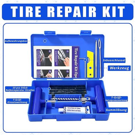 Kit d'urgence pneus, convient à de nombreux types de véhicules, avec poignée en T, foret métallique, outils nécessaires et notice (1/2)