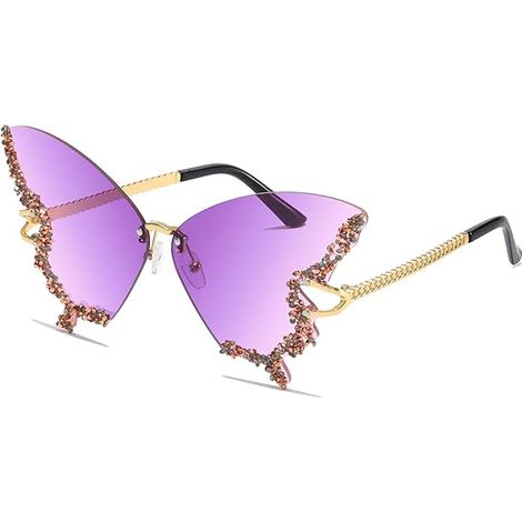 Lunettes de soleil sans monture pour femmes, style papillon vintage-rétro funky, ornées de strass colorés, parfaites pour les festivals et les soirées années 70. Protection UV.