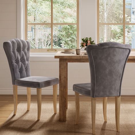 Lot de 2 Chaises de Salle à Manger en Velours, Chaises Capitonnées Style Français Vintage avec Dossier Ergonomique, Assise Rembourrée et Pieds en Bois Massif, Gris (1/5)