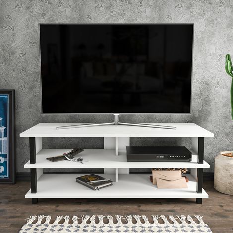 Decorotika Pueblo 120 Cm Wide Meuble TV TV Console Meuble TV Storage With Open Shelves For Living Room Bedroom Hallway - Noir And Blanc (1/4)