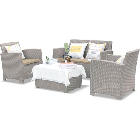Homeology SANTANA 4 Piece PE Rattan 4-Seater with Cushions Garden Furniture and Coffee Table Set in Greige (1/5)