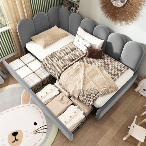 Lit banquette en velours gris 90x200 cm avec 2 tiroirs de rangement et sommier à lattes inclus (1/5)