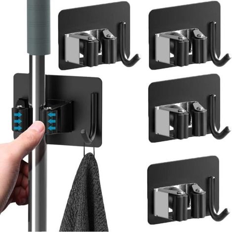 Porte Balai - Non spécifié - Modèle 6Pièces - Acier inoxydable 304 - Auto adhésif - Noir (1/4)