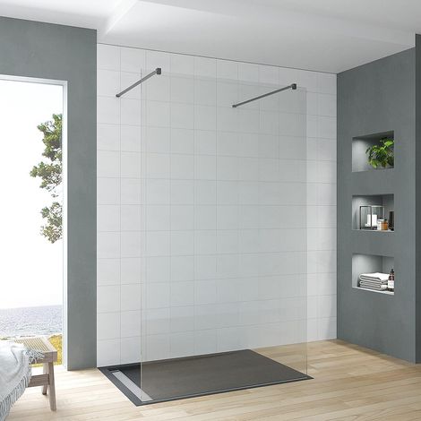 Walkin Dusche Freistehend Begehbare Duschabtrennung Duschwand Glas Duschtrennwand Echtglas ESG 8 mm Nanobeschichtung inkl. Stabilisator schwarz OHNE Wandprofil OHNE Duschwanne 5. Größe: 117x200cm (1/5)