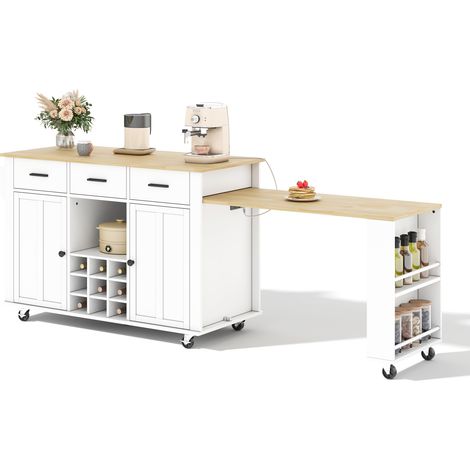 CHICFURN Isla de cocina móvil 136(223)x50x93 cm, MDF blanco y efecto madera con almacenaje (1/5)