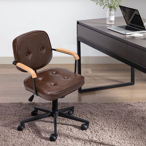 Brown Leather Office Chair with Wood Armrests (1/5)