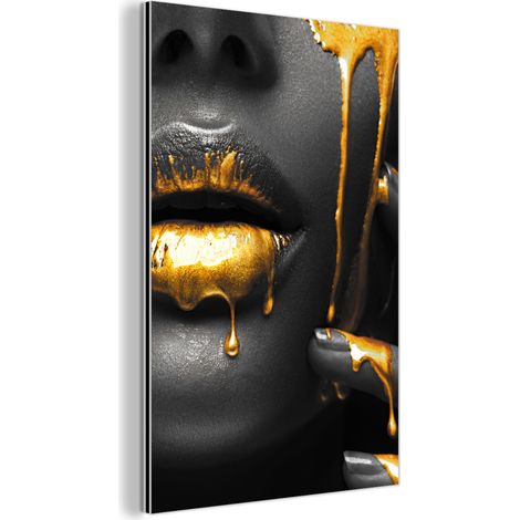 CUADRO DE METAL Mujer - Negro - Oro - Cara - Labios Cuadros Para Dormitorio 60x90 (1/5)
