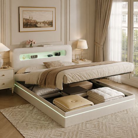 Lit coffre 140×200 cm,éclairage LED,lit double capitonné,rangement hydraulique,tête de lit avec rangement,cadre de lit 140×200,style moderne,sommier à lattes,lit adultes,Velours,Beige (1/5)