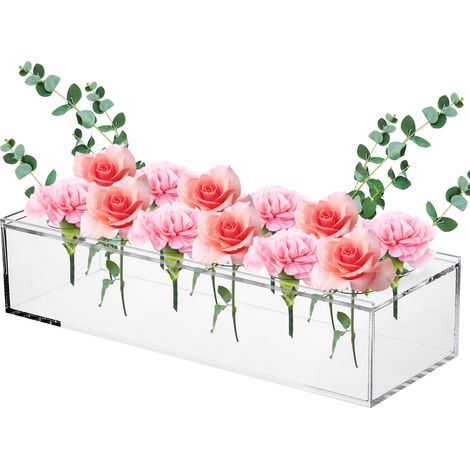Crystal Pro® Acryl-Blumenvase  30 cm (12 Löcher) – Leichte, transparente und robuste rechteckige Vase mit abnehmbarem Deckel für elegante Dekoration