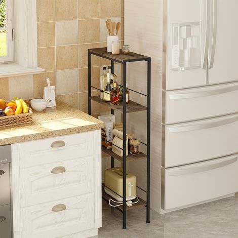 WOLTU Bücherregal Standregal Nischenregal mit 4 Ebenen, Gewürzregal stehend, Leiterregal für Küche Wohnzimmer, Holzwerkstoff Metall, 50x110x20cm, Vintage Braun Schwarz