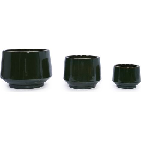 Set di 3 vasi da fiori in ceramica fatti a mano, verde scuro smaltato, Ø 38,1/28/22,9 cm (1/5)