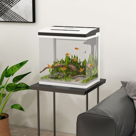 Aquarium en verre avec filtre, couvercle et éclairage LED pour poissons, capacité de 28 litres, 38 x 26 x 39,5 cm, blanc (1/5)