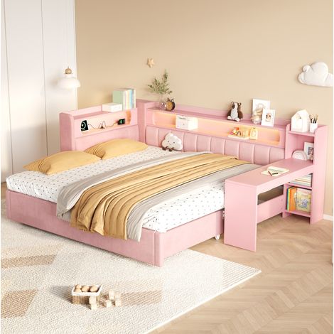 Cama nido tapizada 90 x 200 cm extensible a 180 x 200 cm con escritorio y LED, rosa (1/5)