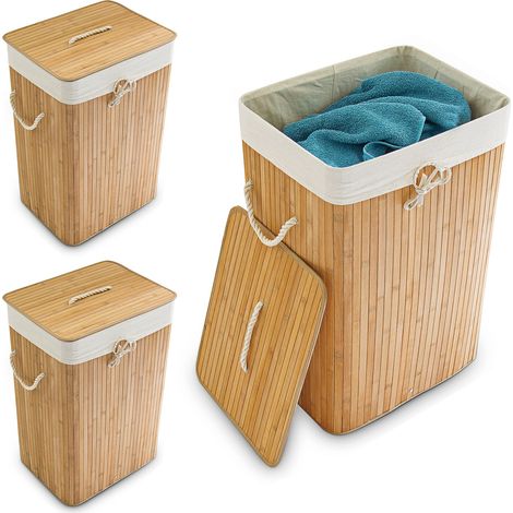 3 x Wäschekorb Bambus, mit Deckel, rechteckig, XL, 83 L, faltbarer Wäschesammler, HxBxT: 65,5 x 43,5 x 33,5 cm, natur