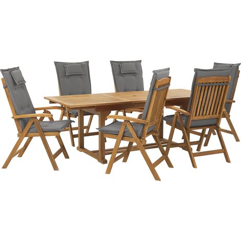 Conjunto de comedor para jardín de madera de acacia ajustable plegable 6 plazas cojines grises grafito exterior Java