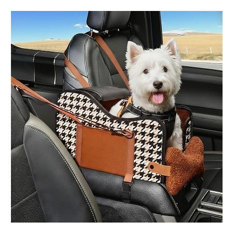 Dog Central Console Car Seat, Puppy Car Seat, Central Console for Small Dog (Orange Houndstooth) (1/5)