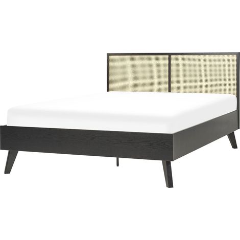 Letto matrimoniale nero in legno di pioppo con testiera in vimini 140 x 200 cm Monpazier