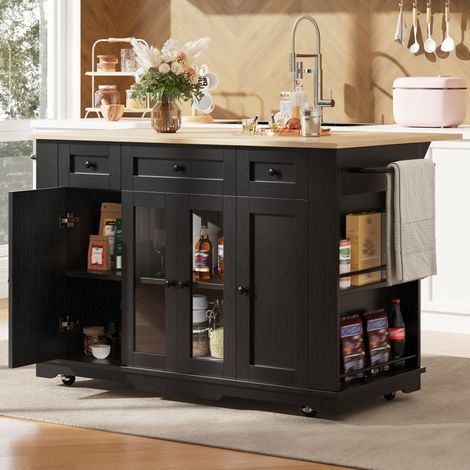 Îlot de cuisine 151,5x85x91,7 cm noir et naturel en MDF, métal et verre trempé avec plateau rabattable et rangements (1/5)