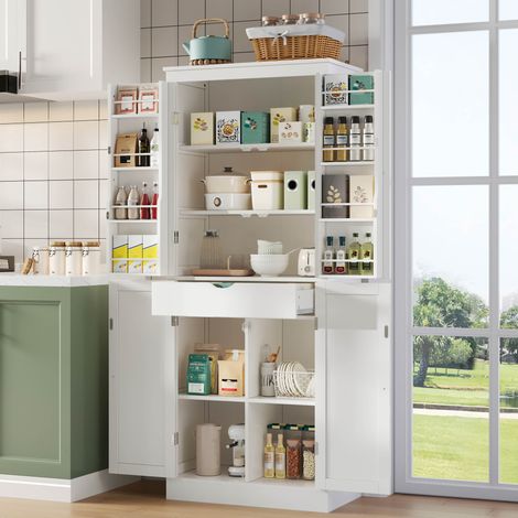 REDOM - Credenza da cucina 75x40x182 cm, contenitore multifunzionale, ripiani, cassetto interno, ante con scomparti, MDF bianco (1/5)