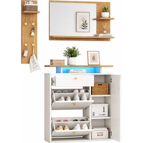 ELVMI Mueble de entrada con espejo, 4 ganchos, 3 compartimentos para zapatos y LED, para recibidor, MDF, blanco, 105 x 25 x 151.5 cm (1/5)