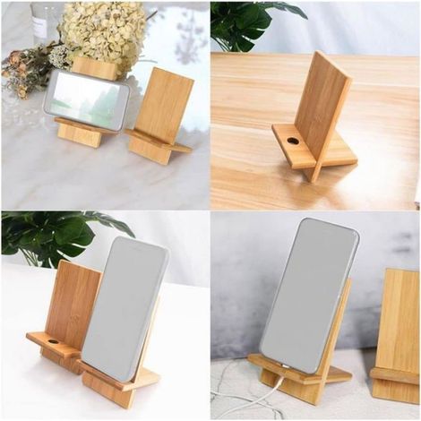 Support téléphone bureau en bambou avec trou de charge. Compatible iPhone/iPad/tablettes, design naturel. (1/5)