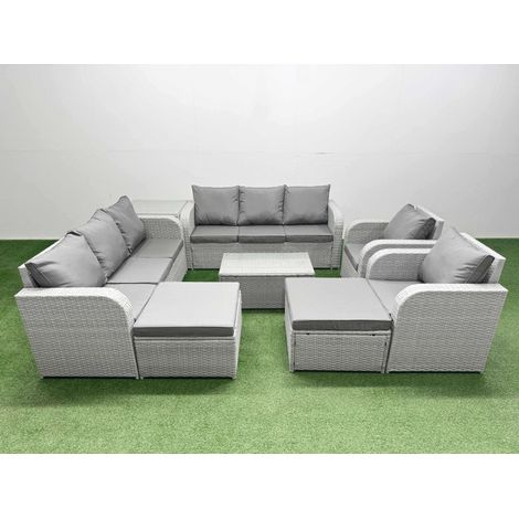 Fimous PE Rattan High Back Lounge Sofa Set Patio Coffee Table & Chairs Set with 3 Seater Sofa Reclining Chair 2 Big Footstool Side Table Light Grey (1/4)
