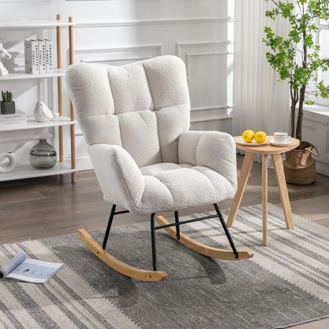 Sillón mecedora 80x70x95 cm blanco en Lammfell-Optik con respaldo alto acolchado (1/5)