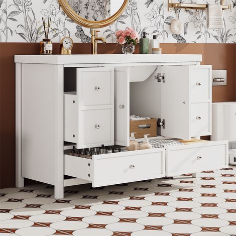 Meuble sous Vasque de Salle de Bain - 120x50x86.5 cm - Armoire de Toilette avec Vasque en Résine et Rangement XL - Blanc (1/5)