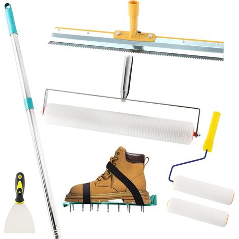 Kit D'outils de Ciment Autonivelant, Kit d'aération avec Rouleau Debulleur 11 mm, Chaussure a Pointe Ragreage 30 mm, Raclette Grande Surface, Perche Telescopique 160 cm (1/5)