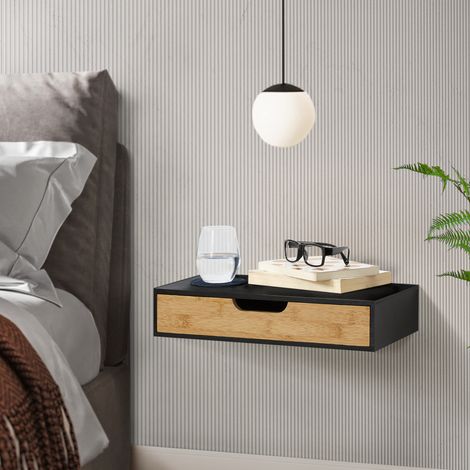 Estante de pared Bokn con cajón hasta 5 kg bambú 40 x 24 x 8 cm - Negro y Natural [en.casa]