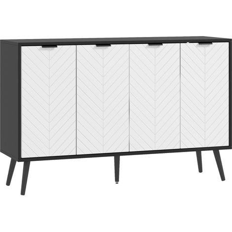 Buffet 4 portes, buffet de salon, étagères réglables, pieds en bois pour la cuisine, noir et blanc, 120 x 35 x 77,4 cm (1/5)