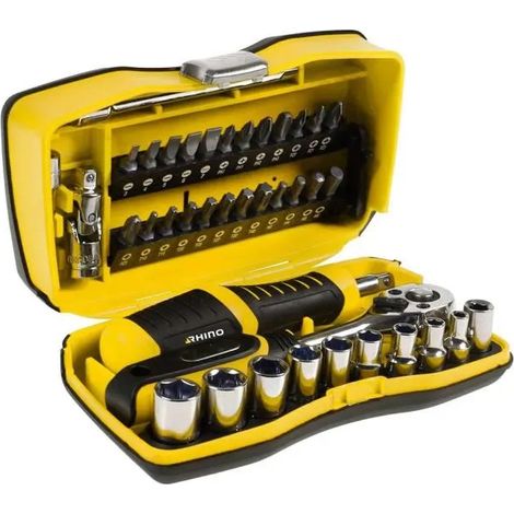Rhino – Set di bussole 39 pezzi con chiave a cricchetto + cacciavite portapunte/portabussole – cromo vanadio – 9 bussole & 24 punte (piatti, PH, PZ, T, H)