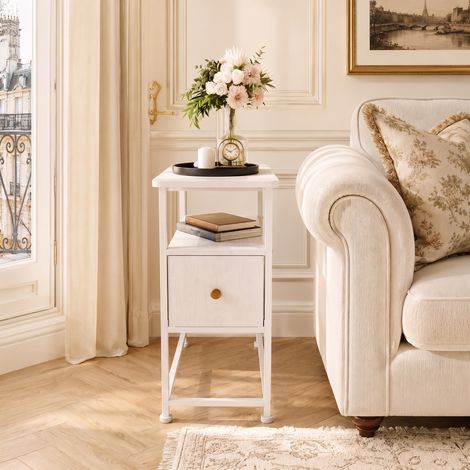 Bout de canapé 60x30x62 cm, Table de Chevet avec Prise USB Type-C et 2 Prises Secteur, avec Tiroir en Tissu pour Chambre Salon, Blanc (1/5)