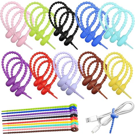 (10 Couleurs) 30 Pièces Multi Usages Silicone Cable Ties, Colorées Attaches Câble Réutilisables Serre Cable, 20,8cm, Organisateur Cable, Sac à Pain Clip Parfaits pour Maison, Bureau, Étude