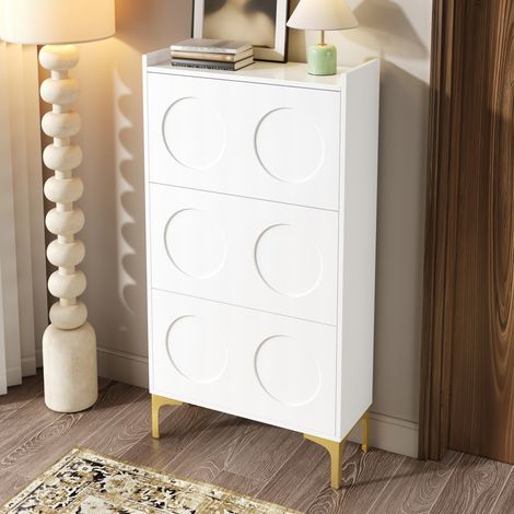 Scarpiera 63x24x120 cm bianca in MDF con design moderno, 3 livelli e piedini in metallo dorato (1/5)