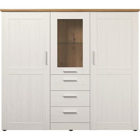 Buffet haut 3 portes 3 tiroirs 159 cm en panneaux MDF mélaminés pin blanchi et chêne – 1 tablette en verre – Label PEFC – Trendteam