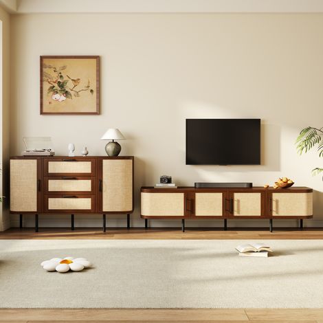 Set de 2 muebles de salón con mueble TV y aparador en MDF, frentes de acabado trenzado, tiradores negros y patas metálicas, madera oscura -FLORAGRACE (1/5)
