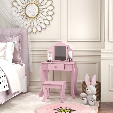Kinderschminktisch mit Hocker und verstellbarem Spiegel, Schminktisch für Mädchen von 3–6 Jahren mit Schublade, Rosa (1/5)