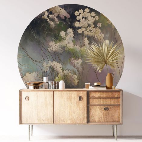 Sticker mural rond / cercle - Motif floral - Diamètre 80 cm - Adhésif + Protection BRILLANTE (1/3)
