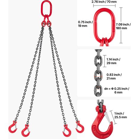 Élingue Chaîne de Levage à 4 Brins avec Crochets, 6 mm x 1,5 m, Capacité Charge 2993 kg, Chaîne de Levage Robuste Acier Allié G80,… (1/5)