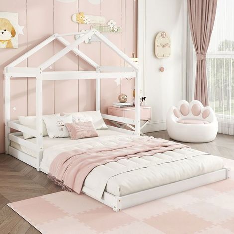 Lit Cabane Enfant 140x200 - Style Minimaliste - Lit Enfant - Bois de Pin Massif Blanc, Forme Maison, Sommier Inclus - Blanc (1/5)