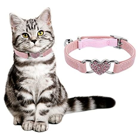 Collier de chat en forme de cœur avec clochette, colliers de chaton réglables avec ceinture de sécurité Collier pour animal de compagnie en strass pour petit chien de chat (rose) (1/5)