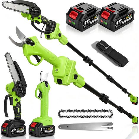 Mini Tronconneuse 6 Pouces et Secateur Electrique 30mm, 4 en 1 Packs d'outils de jardin motorisés sur Perche 2m,2 Batteries 4000 mAh (1/5)